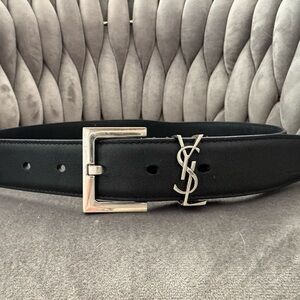 Yves Saint Laurent Black Leather Belt with Silver Buckle